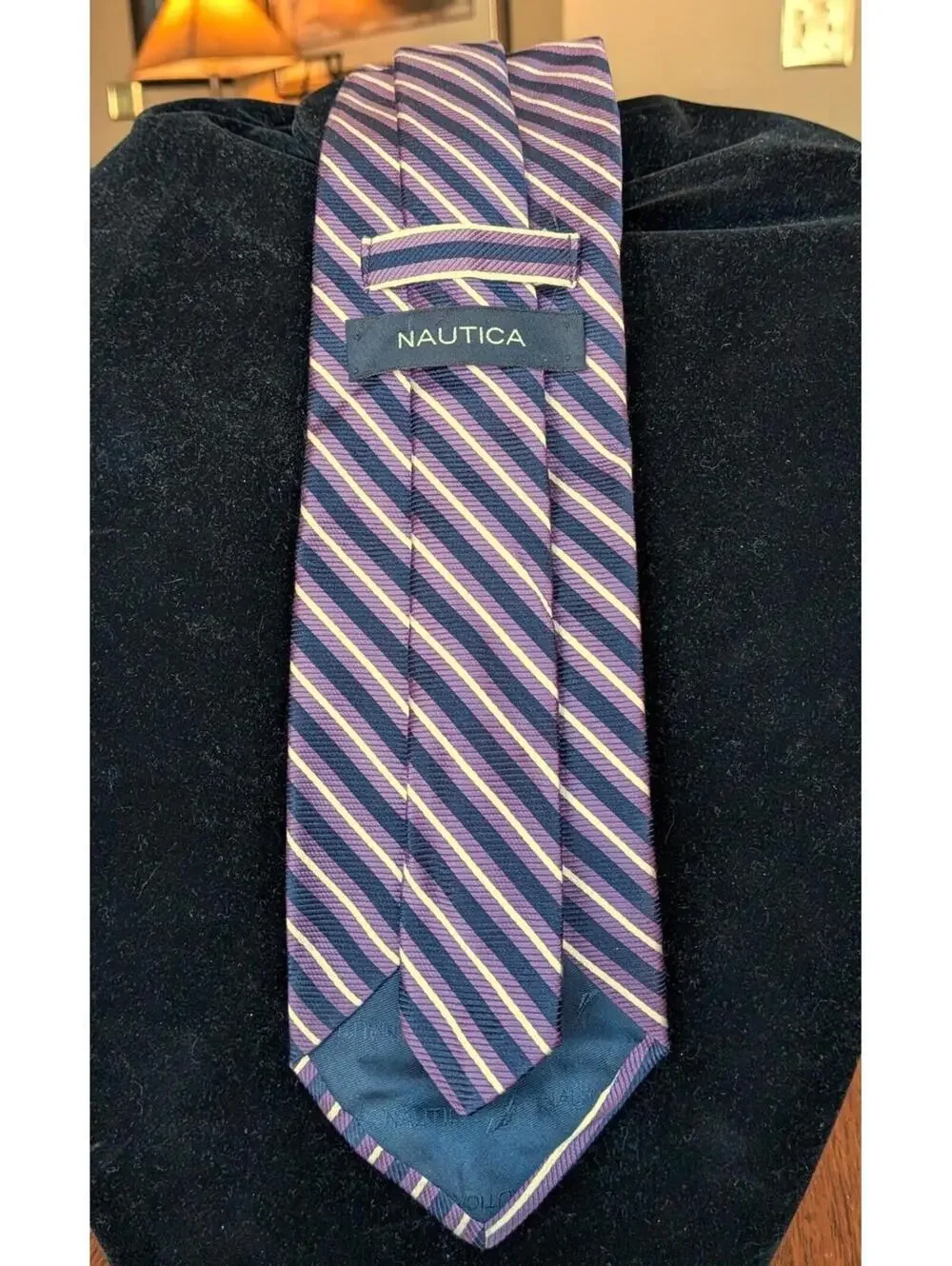 Nautica Purple Navy Cream Diagonal Stripe Silk Neck Tie USA Made Vintage 1990s